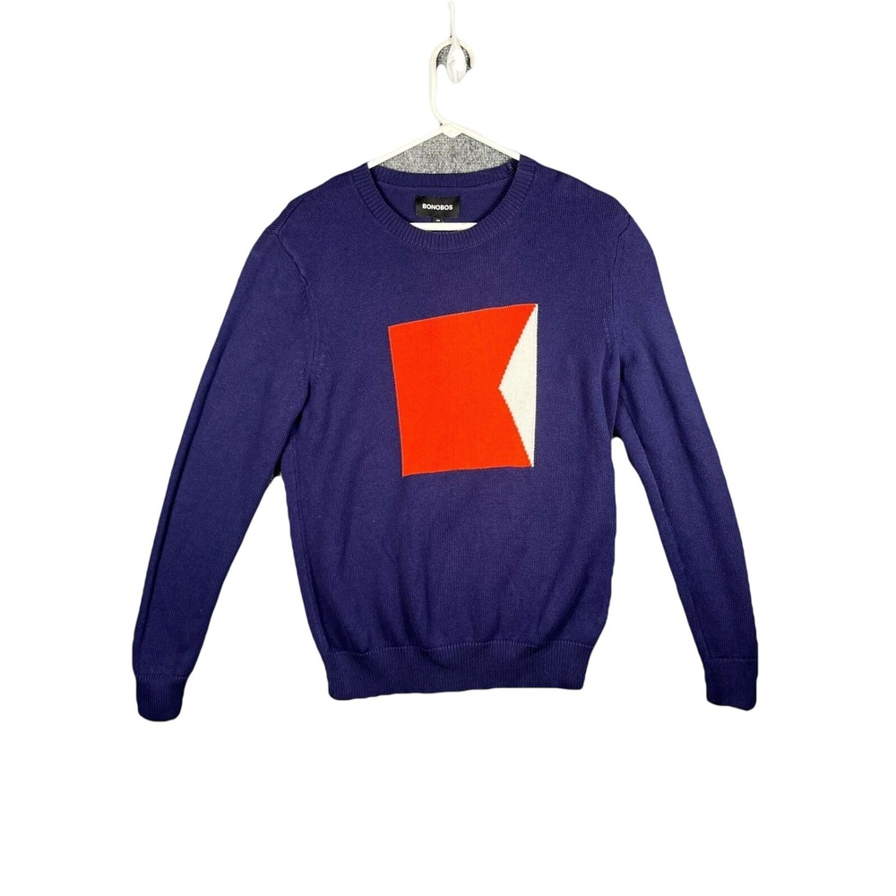 BONOBOS Mens Slim Fit Navy Blue Sweater Red White Geometric Flag Design‎ Size S